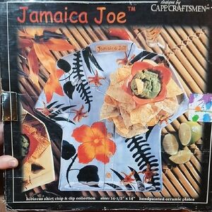 Jamaica Joe Chip & Dip Blue Hibiscus Plate Handpainted Ceramic Kitchen Serving